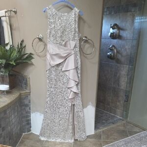 Eliza J Lace Wedding Dress in Cream and Tan
